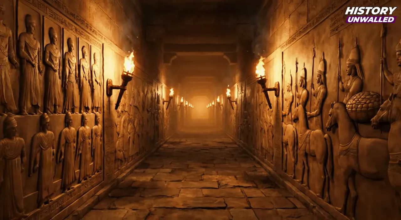 Carved stone wall relief showing a chariot and soldiers in a torchlit palace corridor