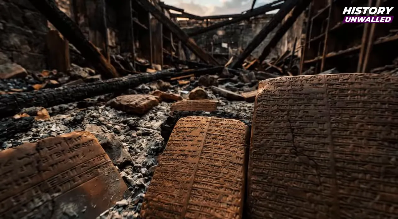 Clay tablets standing among charred rubble inside a burned building