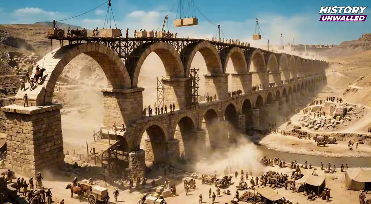 Stone aqueduct with repeated arches carrying water across a dry landscape