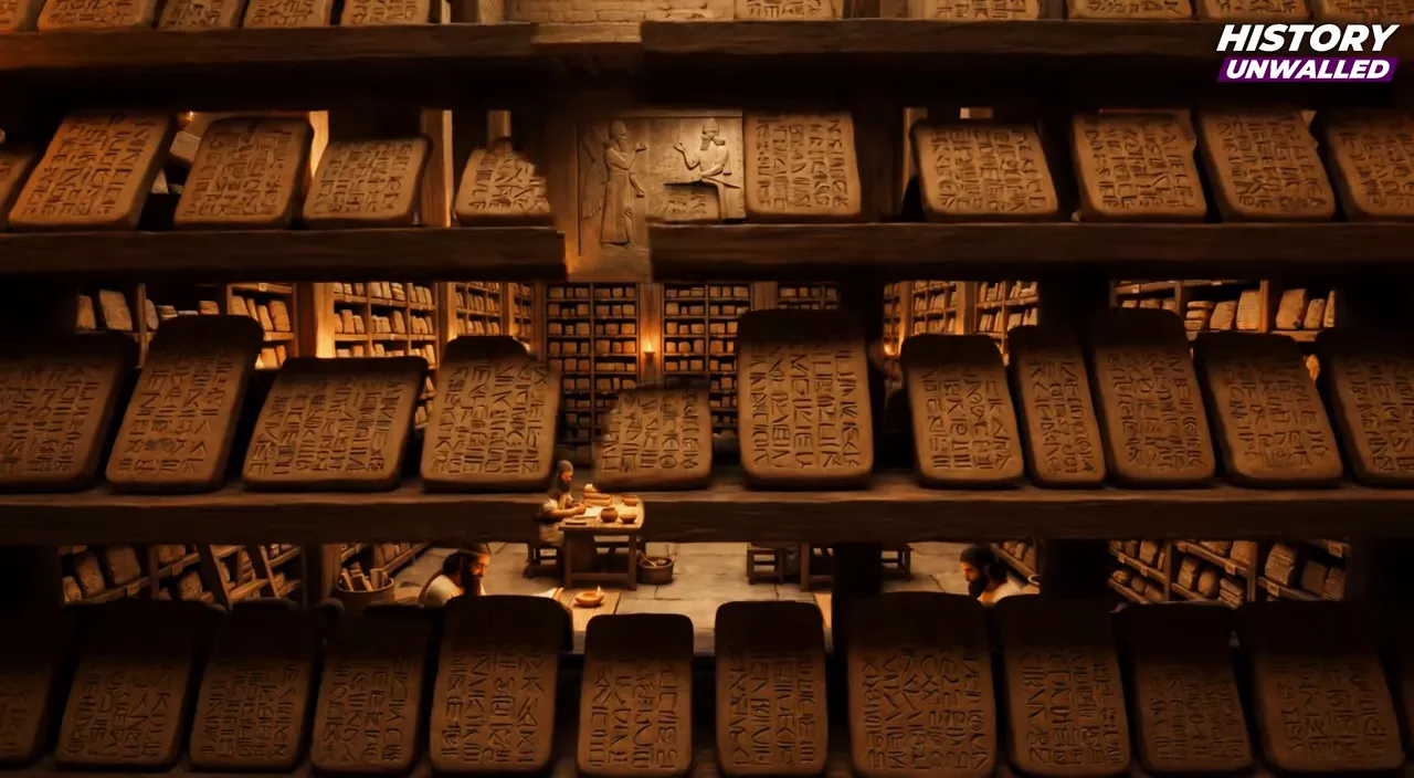 Rows of clay tablets on shelves in a large torchlit library room