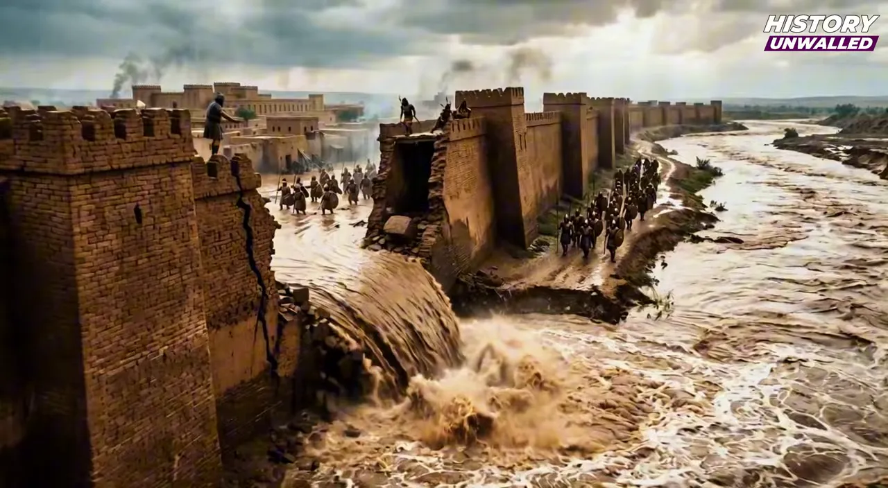 Floodwater rushing through a broken section of a fortified city wall