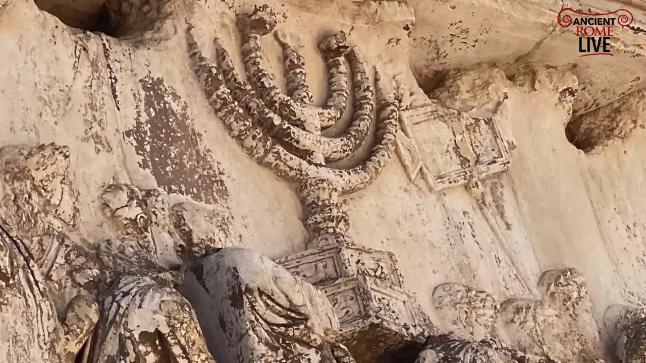 Close view of the carved menorah carried in the Arch of Titus relief