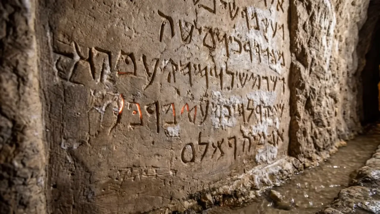 Stone tunnel wall covered with ancient Hebrew inscription
