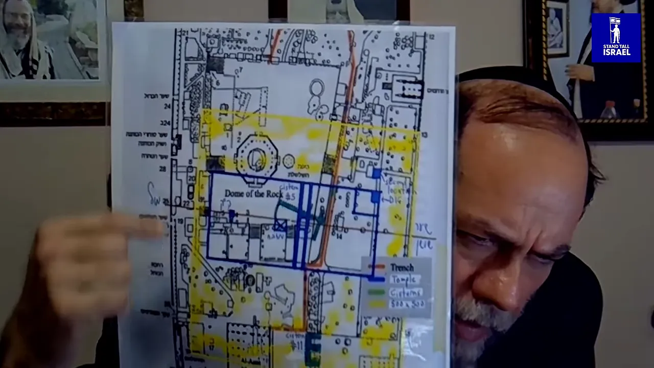 Rabbi holding a marked map with blue lines and yellow highlighted areas