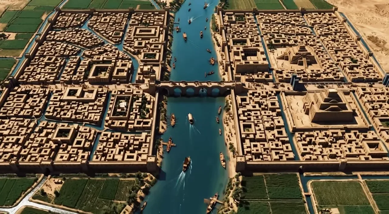 Aerial reconstruction of Babylon divided by the Euphrates River with bridges and green fields