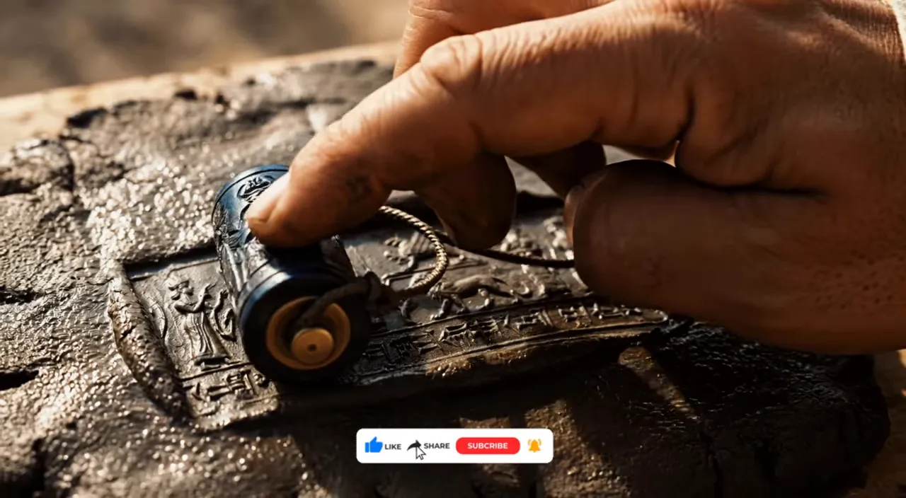 Hands rolling a cylinder seal across a wet clay tablet beside writing tools