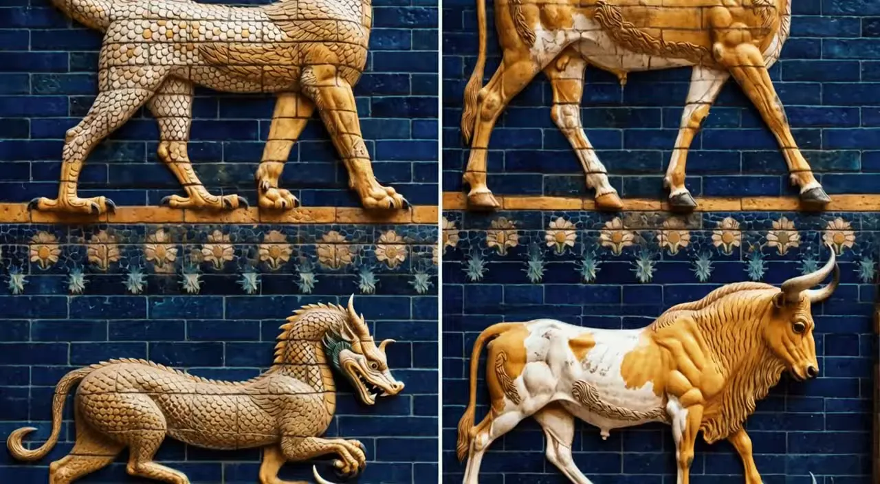 Blue glazed brick wall decorated with alternating gold bulls lions and dragon-like creatures