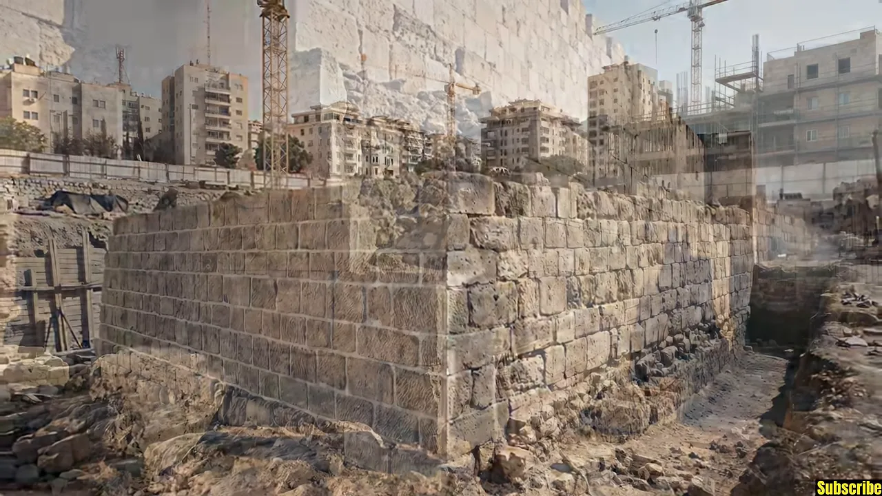 Thick stone wall standing among excavated ruins