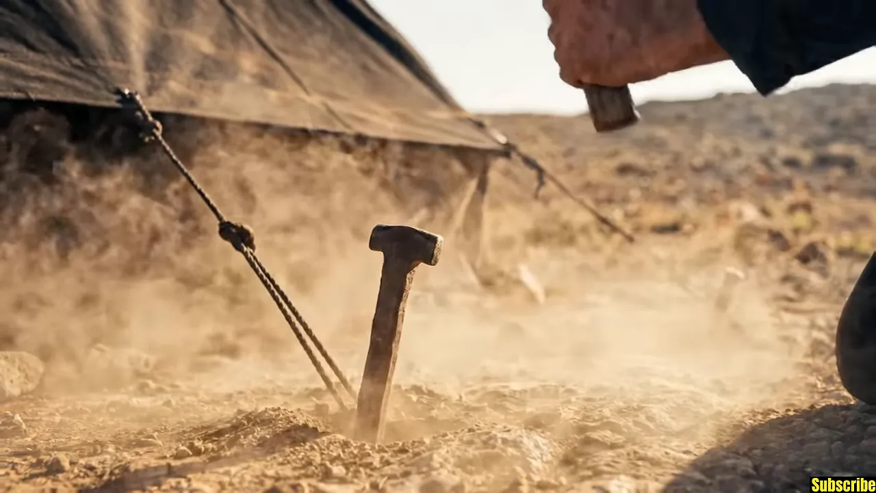 Tent stake driven into sandy ground beside a tent