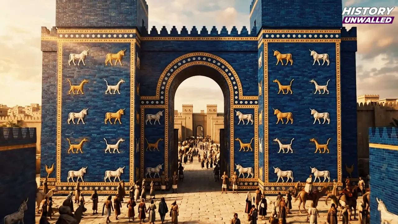 Blue Ishtar Gate with gold animal reliefs above a crowd