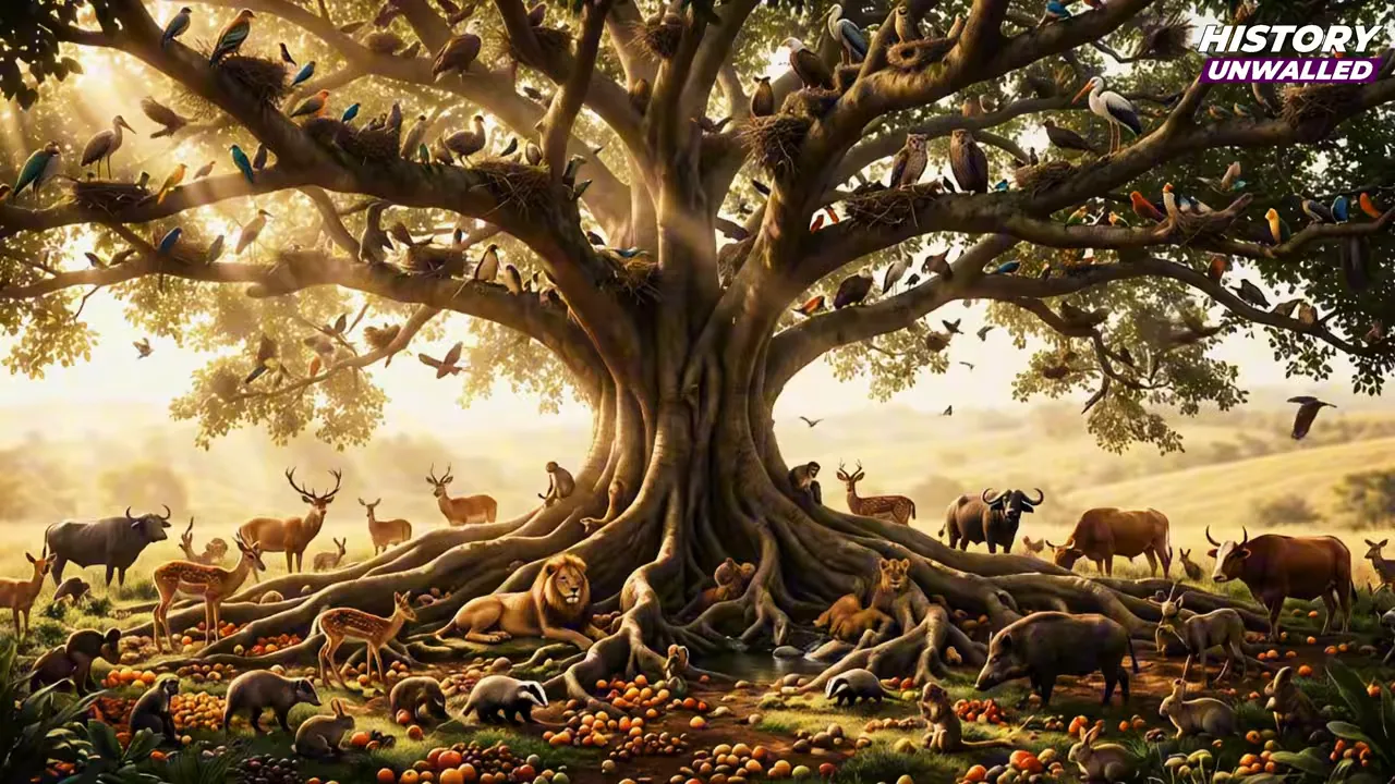 Large tree with animals gathered beneath its branches