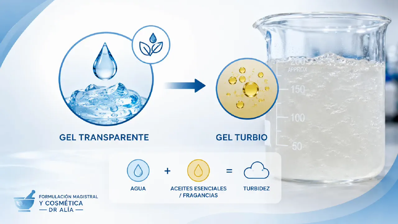 Infografía que muestra el paso de un gel transparente a un gel turbio al añadir aceite esencial o fragancia
