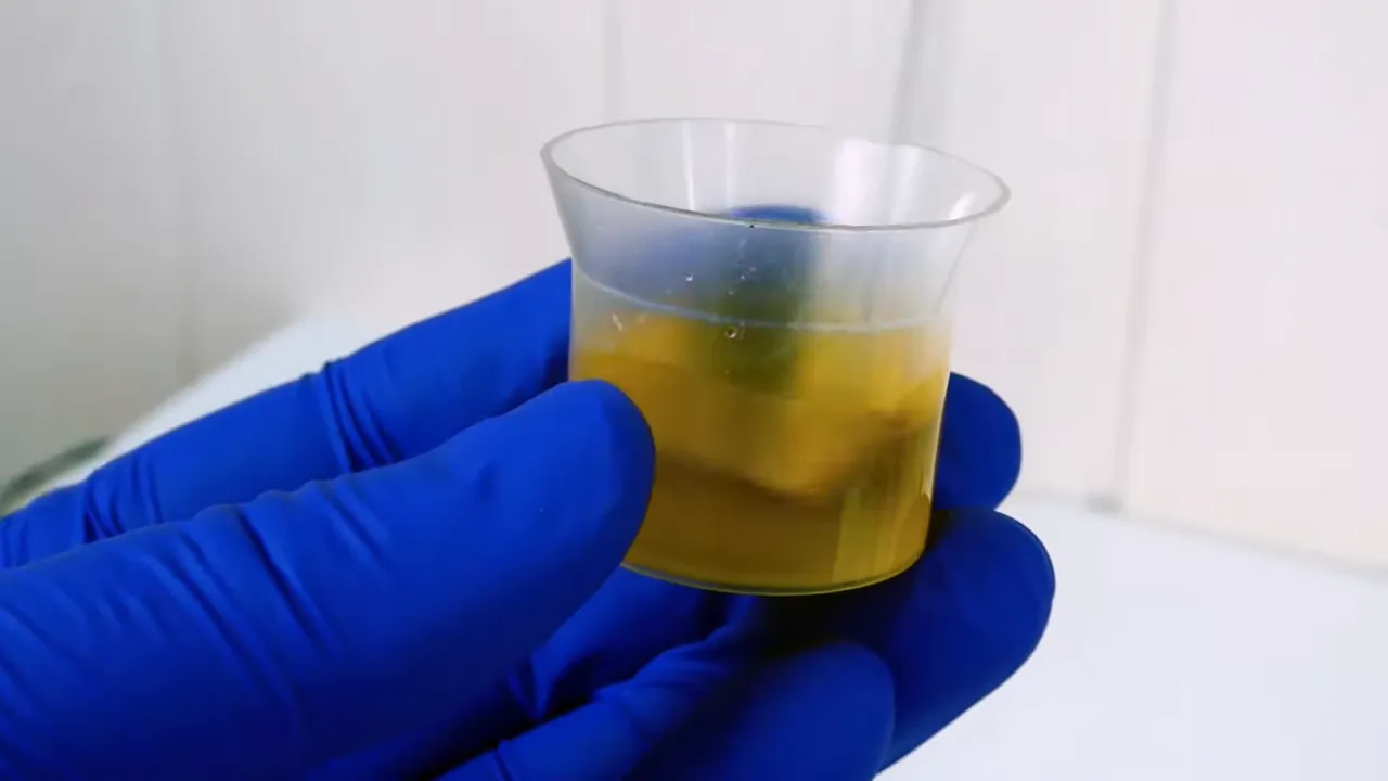 Vaso pequeño transparente con líquido amarillo sostenido con guante azul
