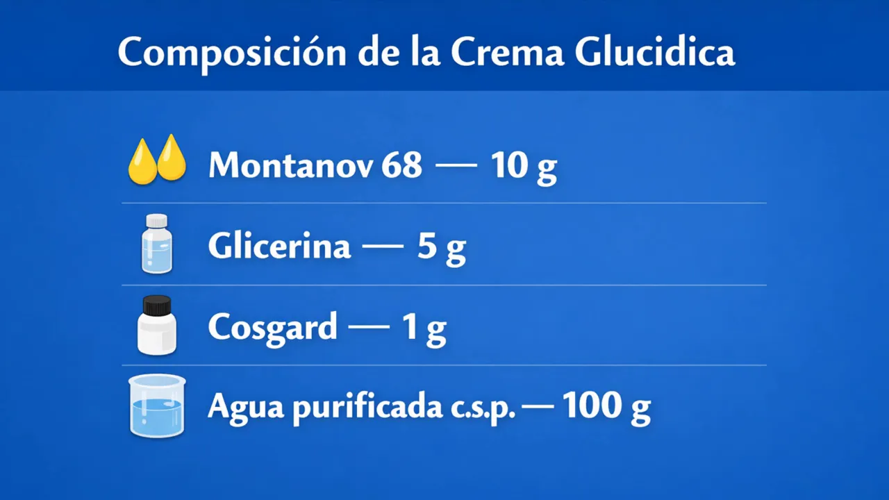 Fórmula de la crema base glucídica con Montanov 68: Montanov 68 10 g, glicerina 5 g, Cosgard 1 g y agua purificada c.s.p. 100 g