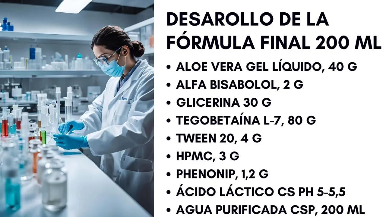 Investigadora en laboratorio junto a una lista de ingredientes de la fórmula final 200 ml