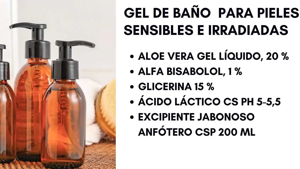 Botellas con dosificador y texto con ingredientes de gel de baño para pieles sensibles e irradiadas