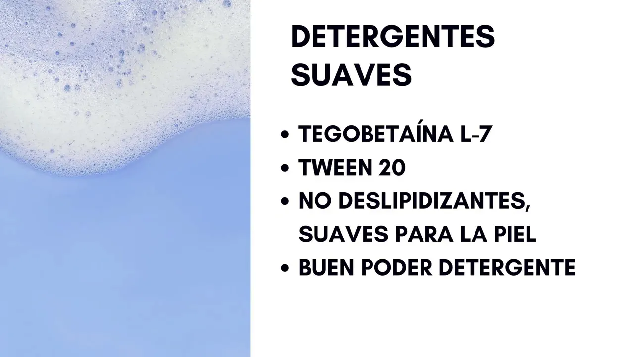 Diapositiva con el título 'Detergentes suaves' y lista que incluye Tegobetaína L-7, Tween 20, no deslipidizantes y buen poder detergente