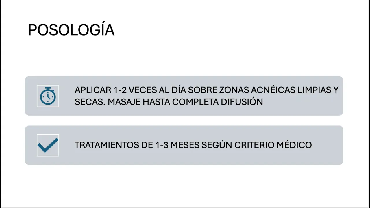 Diapositiva 'Posología' con instrucciones claras sobre frecuencia y duración