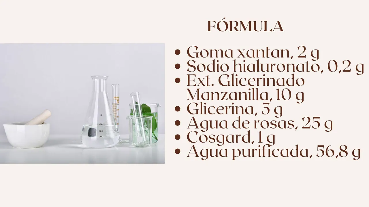 Diapositiva con la fórmula final para 100 g y recipientes de laboratorio (vasos y matraces)