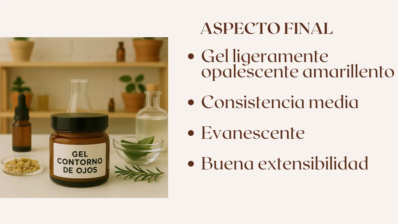 Tarro ámbar etiquetado 'Gel contorno de ojos' junto a ingredientes y texto 'Aspecto final'.