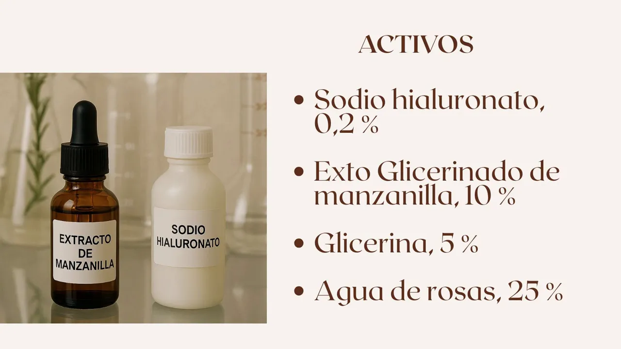 Botellas etiquetadas 'SODIO HIALURONATO' y 'EXTRACTO DE MANZANILLA' sobre fondo de laboratorio