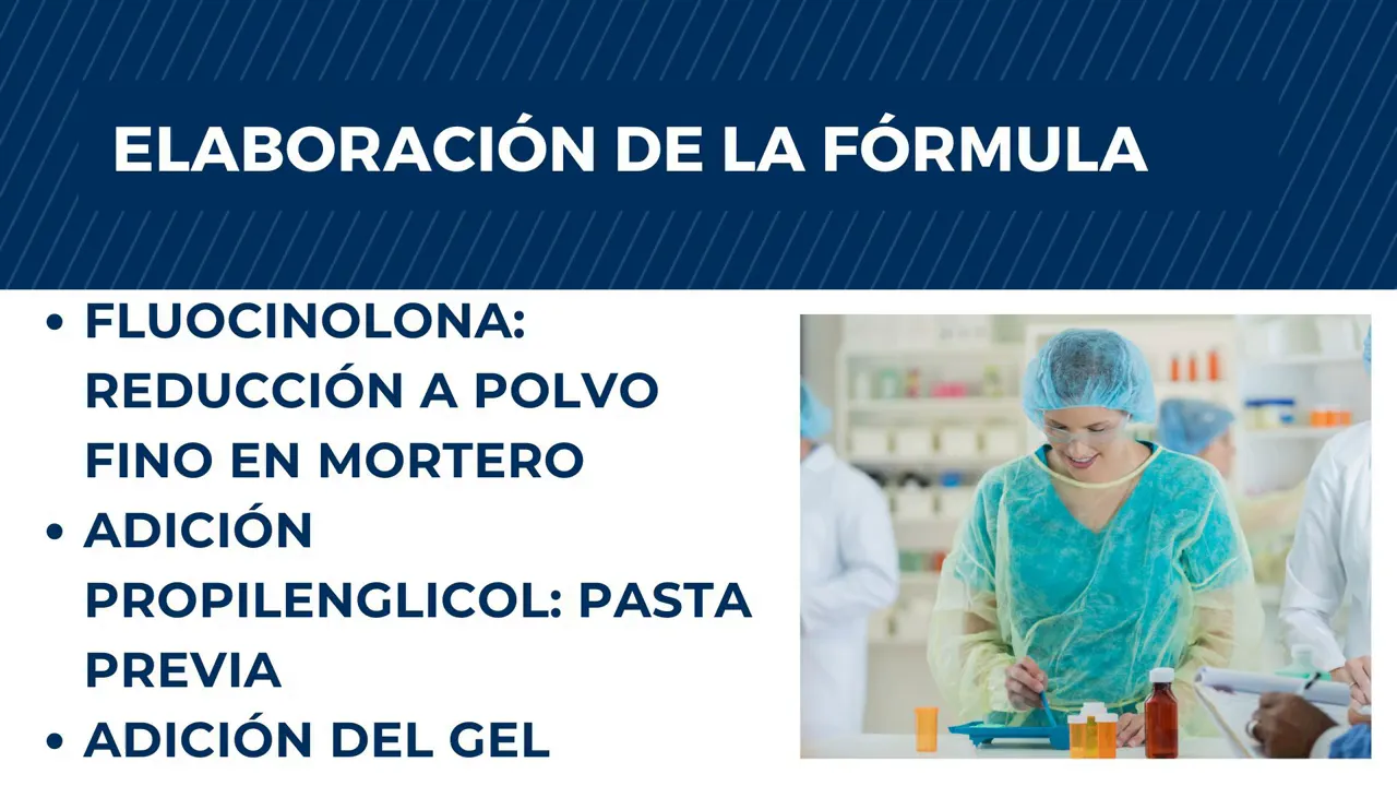 Diapositiva con los pasos de elaboración de la fórmula mediante mortero, propilenglicol y adición del gel