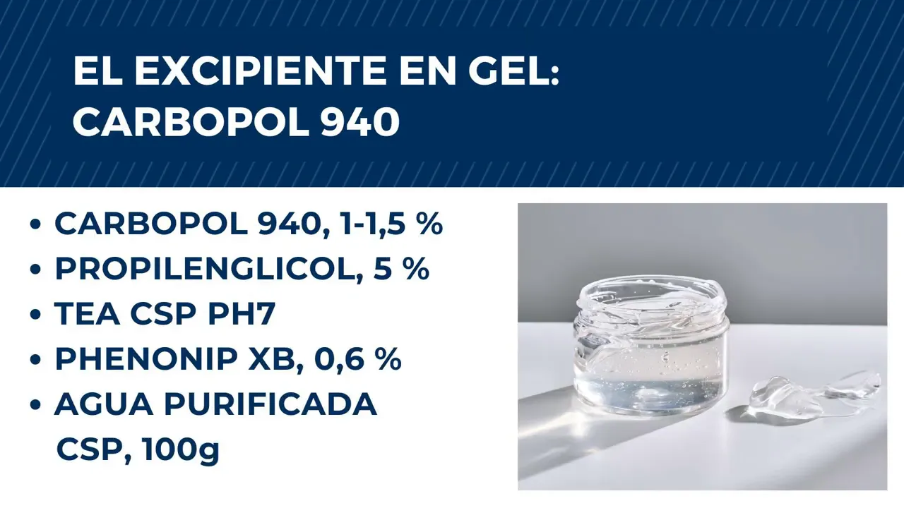 Diapositiva con la fórmula del excipiente en gel de Carbopol 940 y sus porcentajes