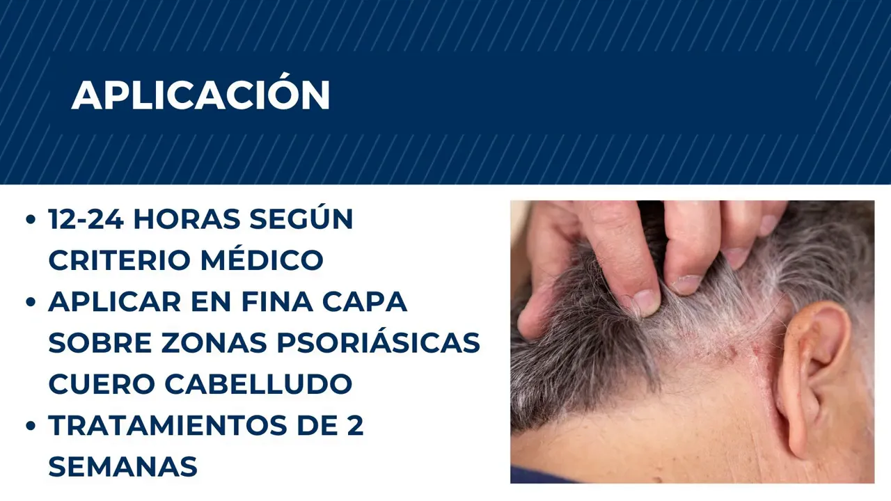 Diapositiva con pautas de aplicación del gel en cuero cabelludo cada 12 a 24 horas durante dos semanas