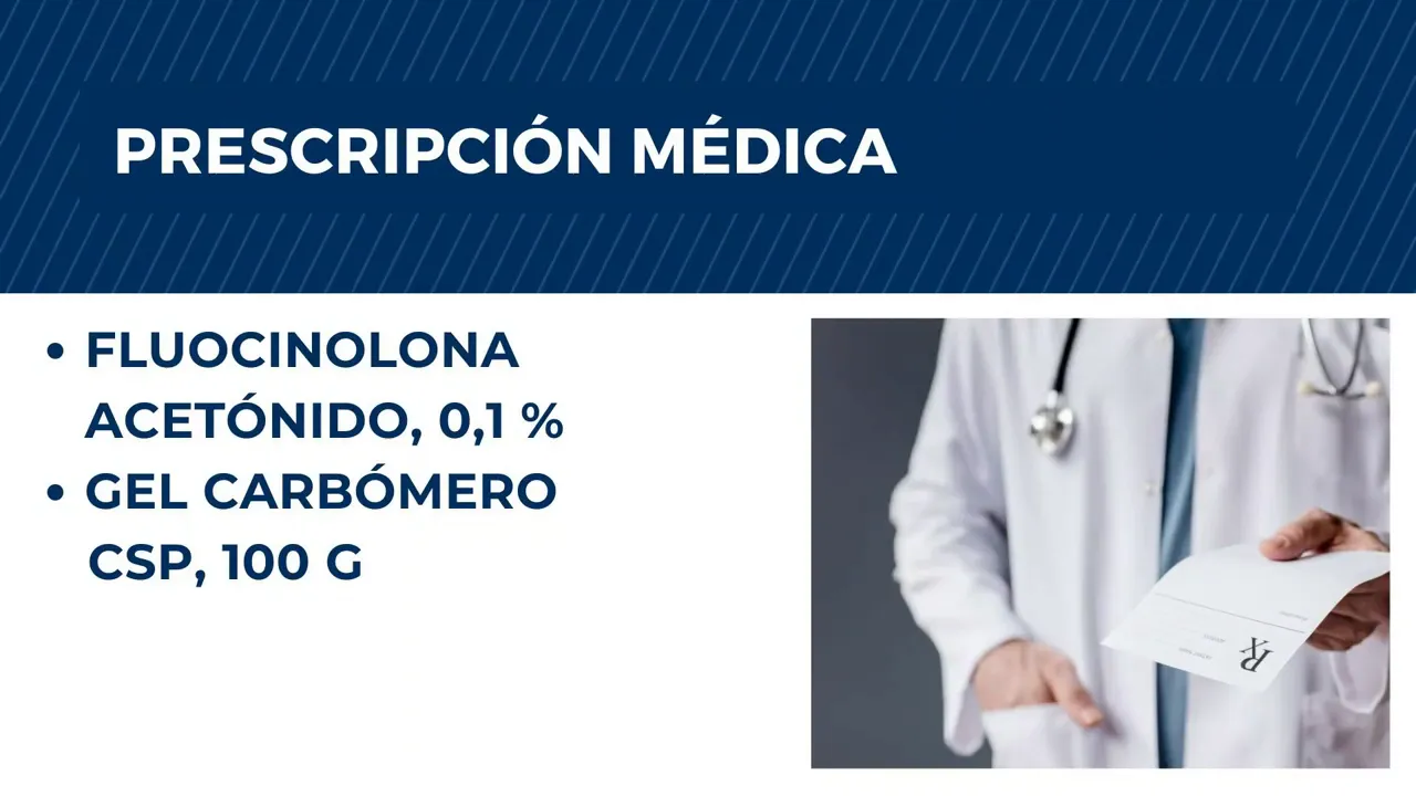 Diapositiva con prescripción médica de fluocinolona acetónido 0,1 por ciento en gel carbómero para 100 gramos