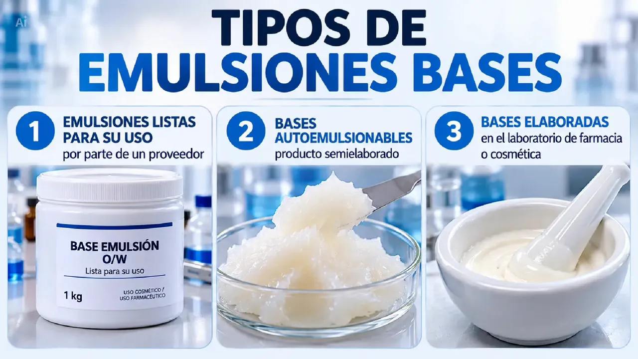 Esquema de los tres tipos de bases: listas para su uso, autoemulsionables y elaboradas en el laboratorio