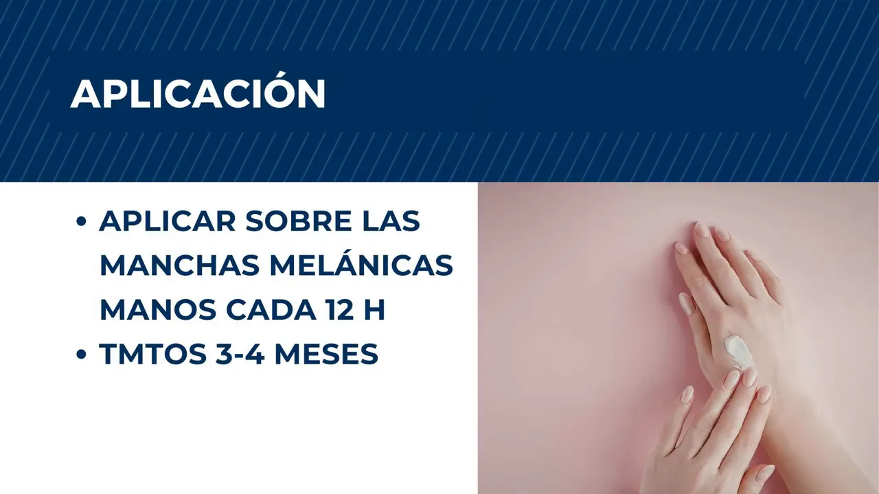 Diapositiva sobre aplicación con texto de frecuencia y duración junto a manos con crema