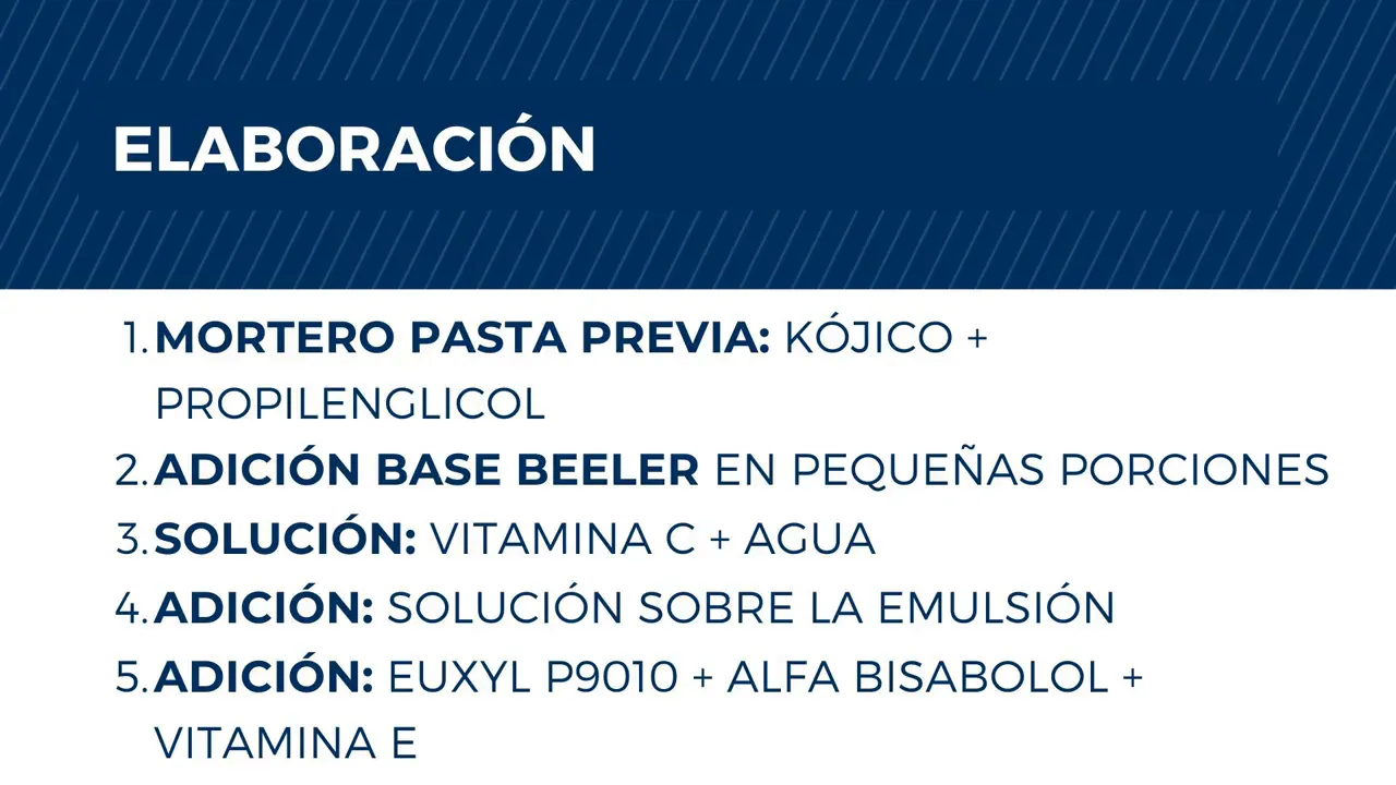 Diapositiva con el aspecto final de la emulsión y una crema blanca en recipiente de vidrio