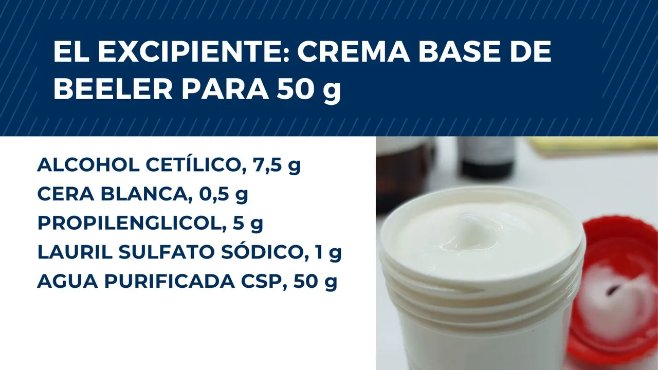 Diapositiva con la composición de la crema base de Beeler para 50 g