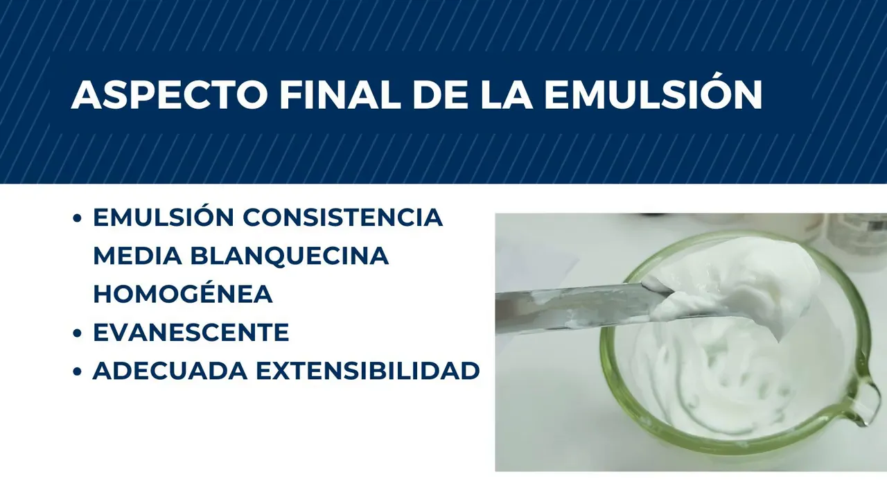 Diapositiva con indicaciones de envasado y caducidad junto a una emulsión en vaso
