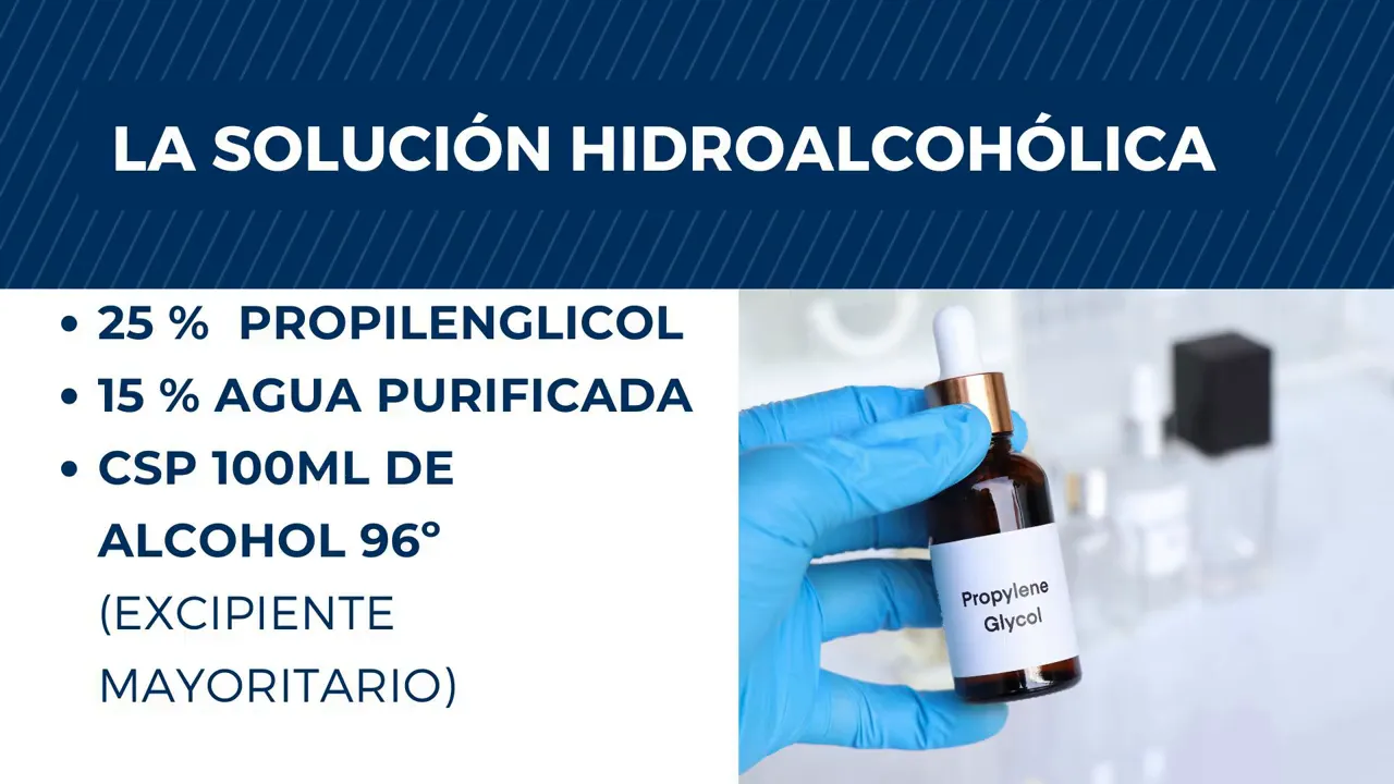 Vehículo hidroalcohólico con 25% propilenglicol y 15% agua purificada, c.s.p. alcohol 96º para una solución capilar