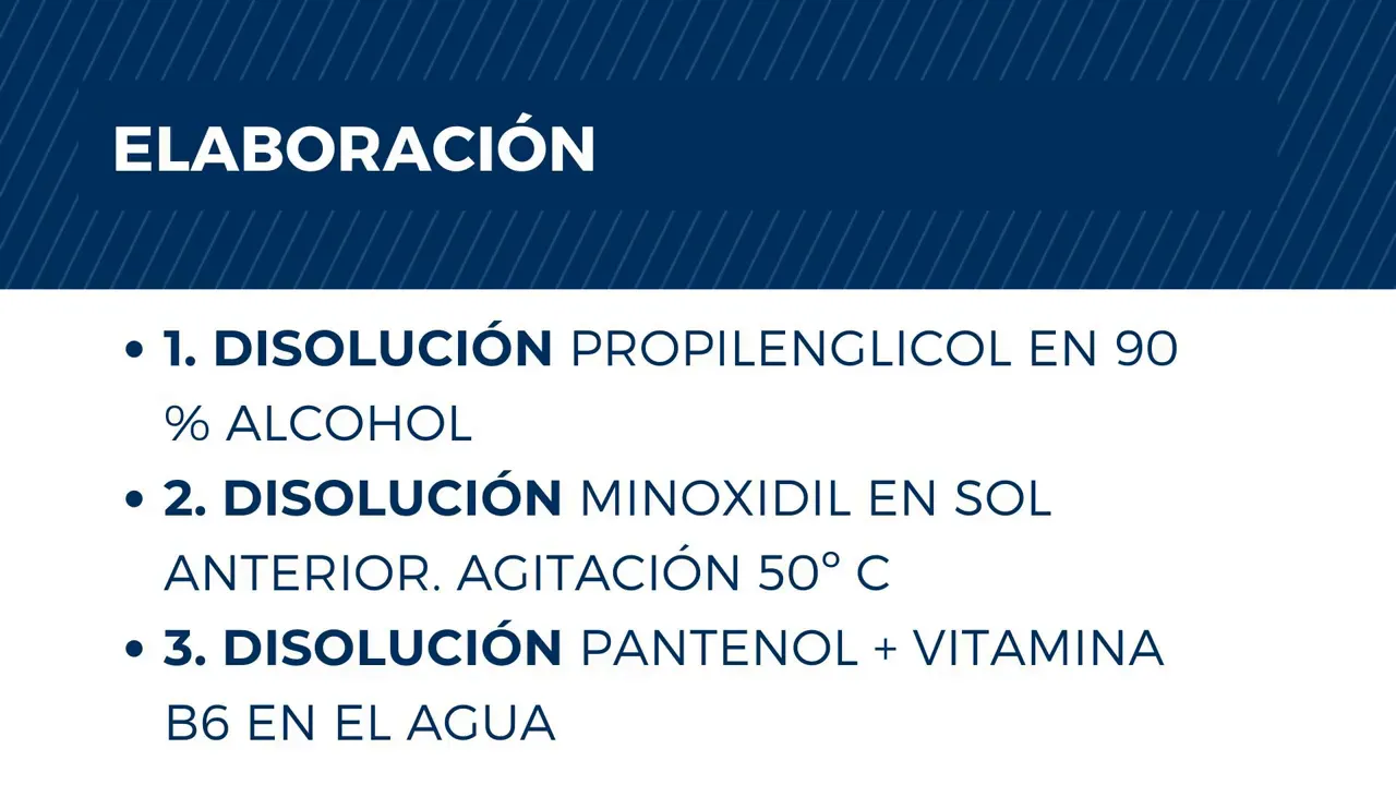 Diapositiva del procedimiento de elaboración: disolución de propilenglicol en 90% alcohol, minoxidil con agitación a 50 °C y pantenol más vitamina B6 en agua
