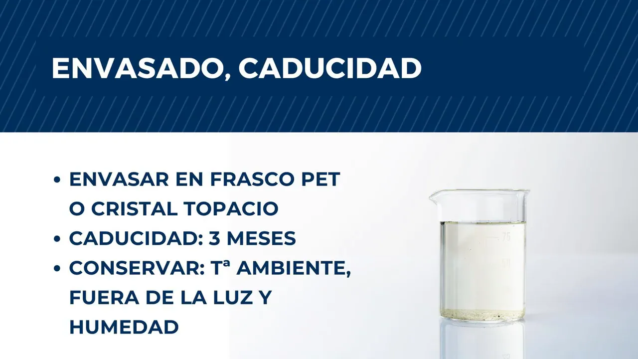 Diapositiva sobre envasado y conservación de una solución capilar con minoxidil: frasco PET o cristal topacio, caducidad 3 meses y mantener a temperatura ambiente protegido de la luz y la humedad.