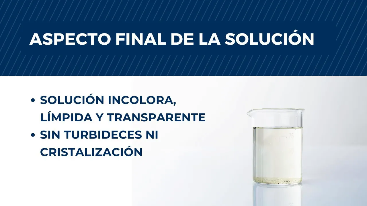 Aspecto final de la solución hidroalcohólica: incolora, límpida y transparente, sin turbideces ni cristalización