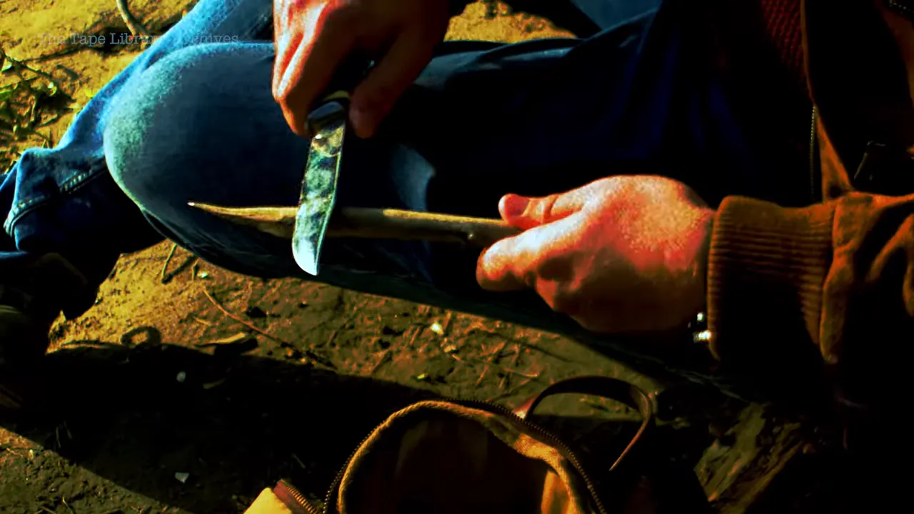 Hand and carving knife in a dramatic reenactment-style scene tied to the Great Amherst Mystery
