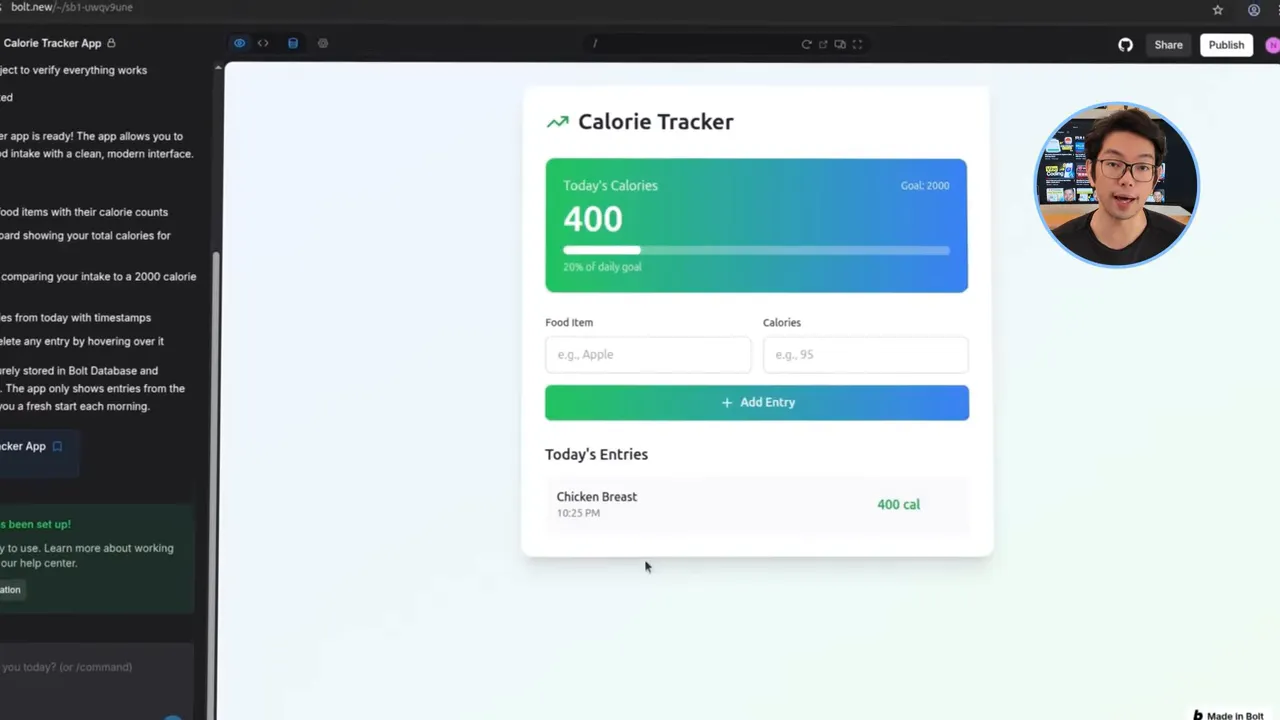 Bolt preview of Calorie Tracker app with today's calories at 400, input fields and a listed entry in the app card