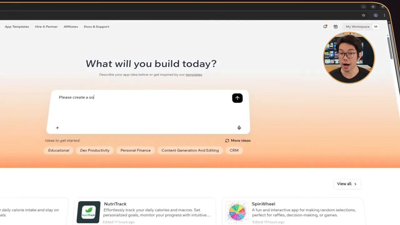 Base44 home screen with 'What will you build today?' prompt box for entering an app idea