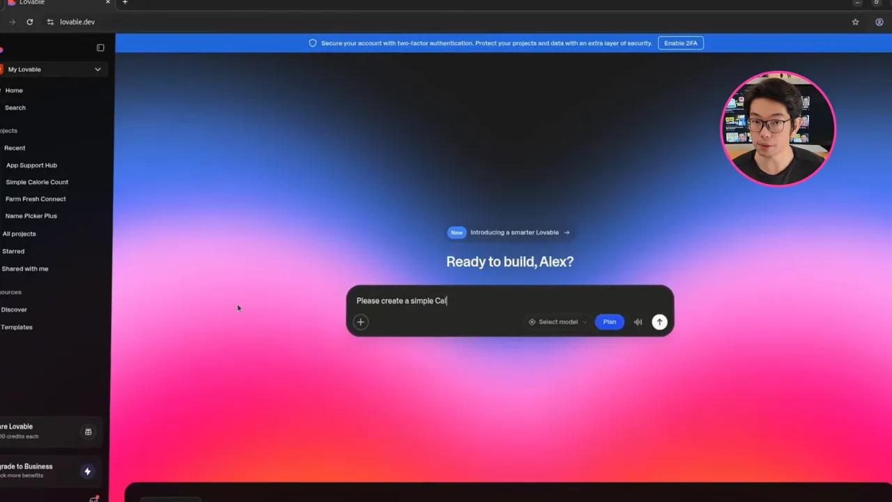 Lovable dashboard showing gradient welcome screen and a prompt input reading 'Please create a simple Cal...'