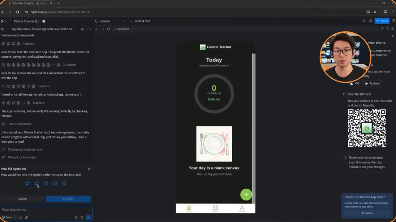 Developer workspace showing a mobile Calorie Tracker preview in the center and a sidebar with QR code and 'Ready to publish to App Store' prompt.