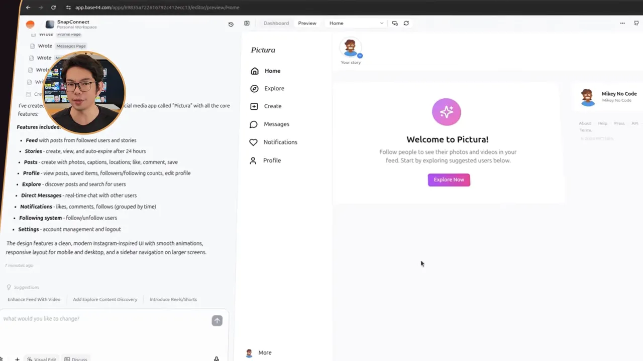 Base44 app preview showing 'Welcome to Pictura' landing screen with an Explore Now button and left navigation