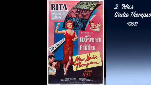 Miss Sadie Thompson (1953) theatrical poster showing a woman in a red dress and the film title