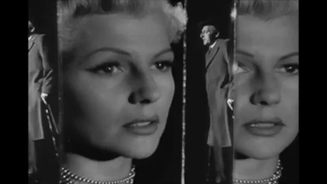 Black-and-white still from The Lady from Shanghai showing the female lead reflected in multiple panels with a male figure visible, creating a mirrored, layered composition.