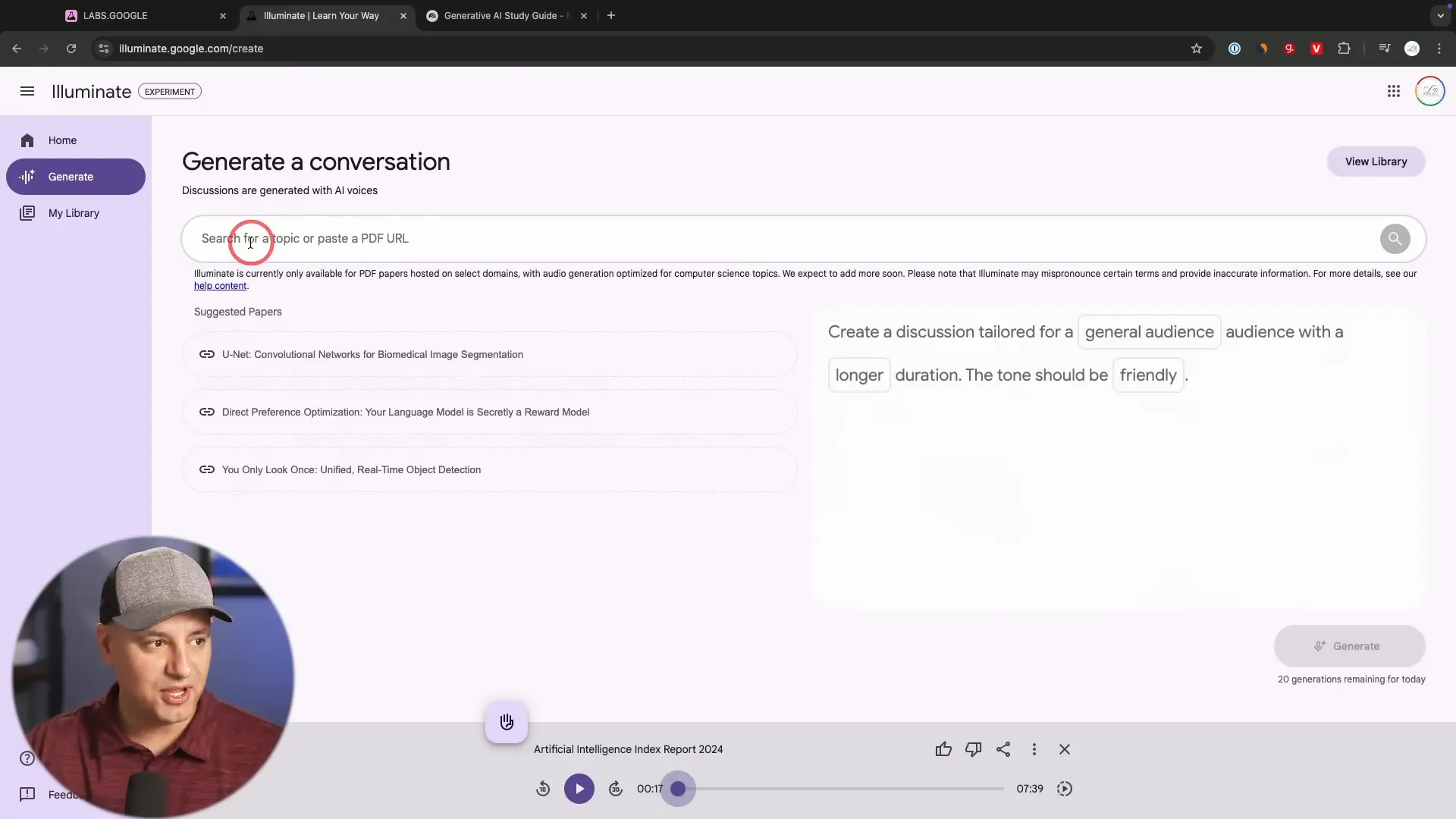 Google Illuminate interface showcasing audio discussion creation