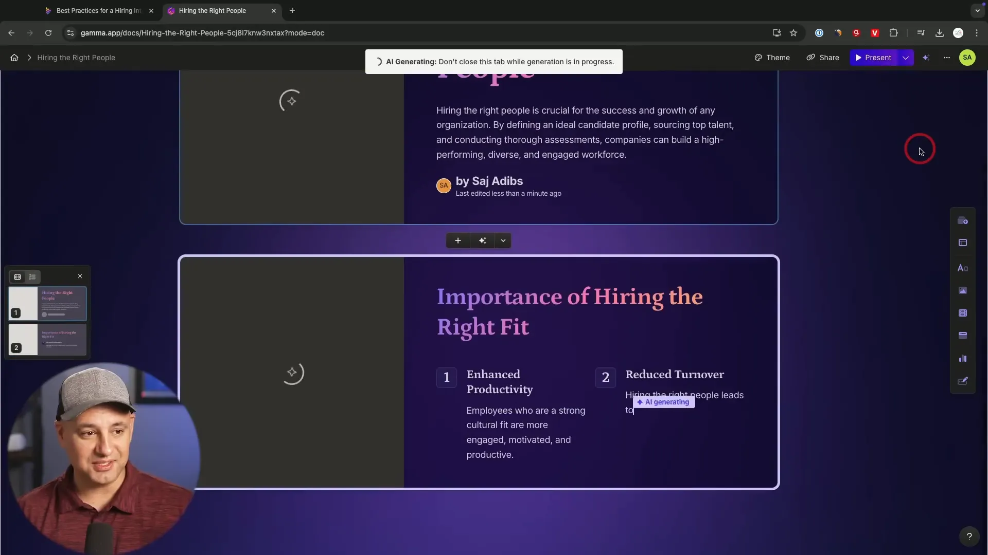 Gamma interface creating a presentation in real time