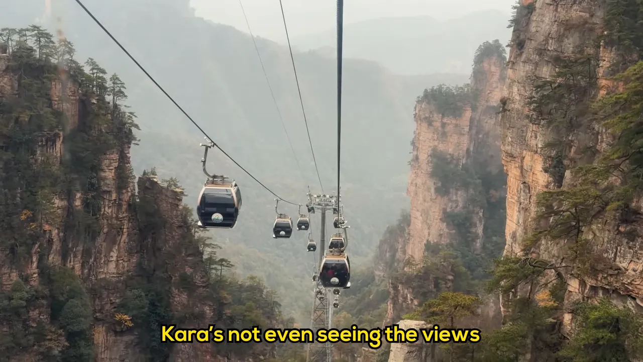 Cable car passing between tall stone mountain pillars
