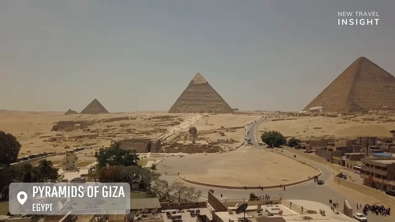 Aerial view of multiple Pyramids of Giza including the Great Pyramid and other pyramids in Egypt